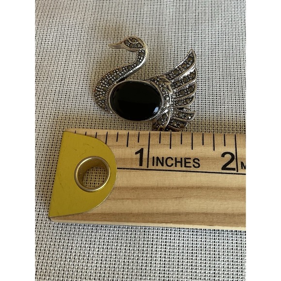 LS 925 Sterling Silver Black Onyx & Marcasite Swan Brooch Vintage Art Deco - Picture 4 of 5